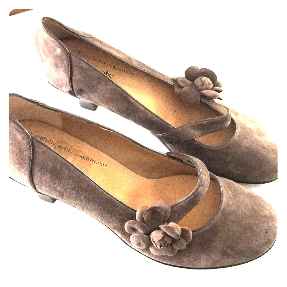 Softspots Taupe Suede Mary Jane Heels with Flower Accent